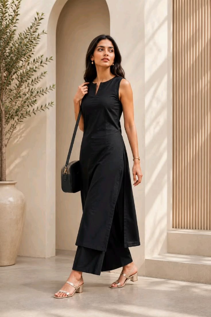 Black Sleeveless Long Kurta & Palazzo Set