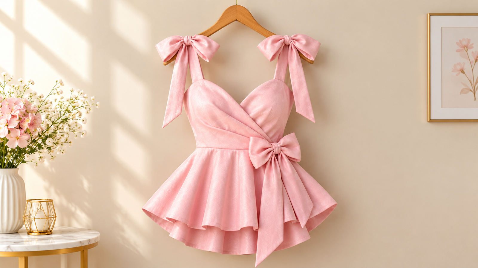 Pink Satin Bow Mini Dress