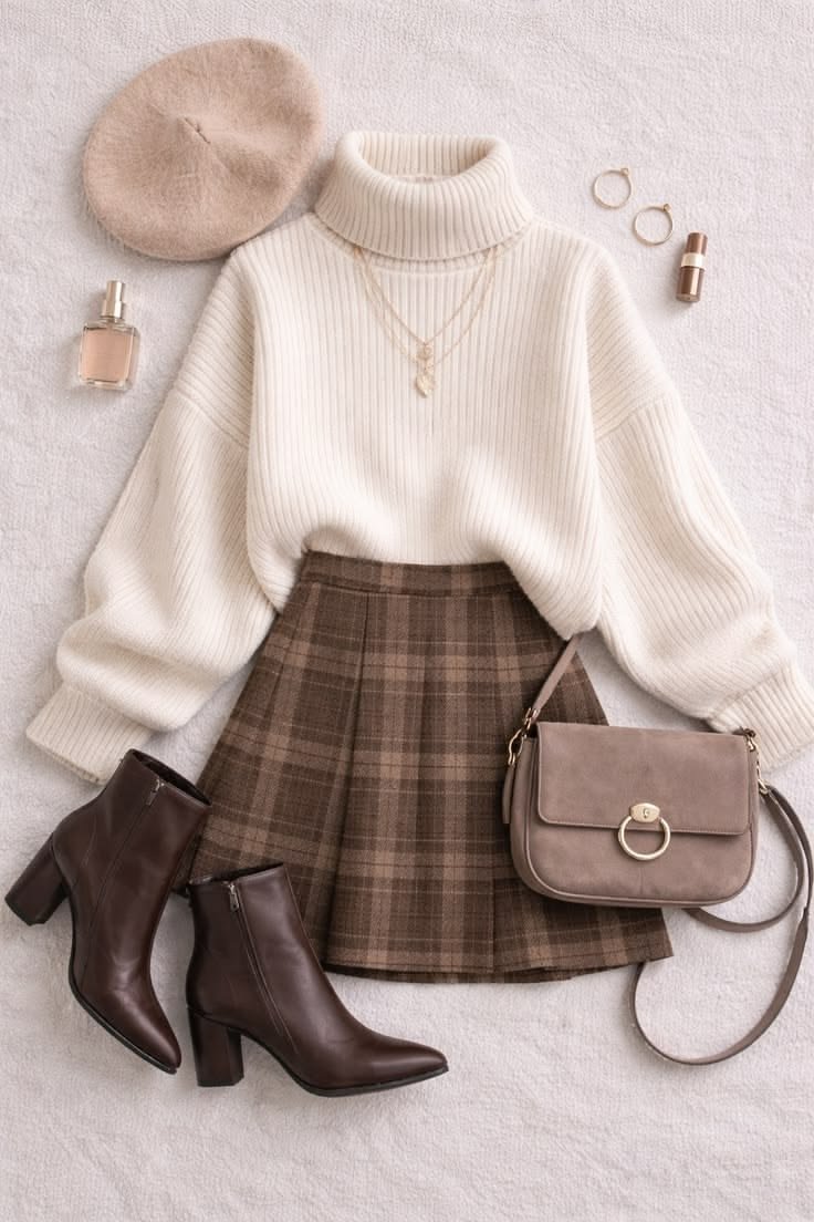 Cream Ribbed Turtleneck Sweater & Plaid Skirt Set