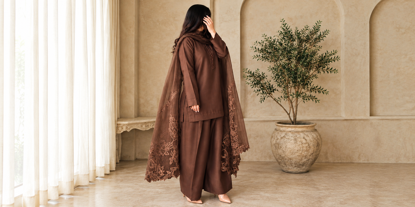 Chocolate Brown Embroidered 3-Piece Suit Set